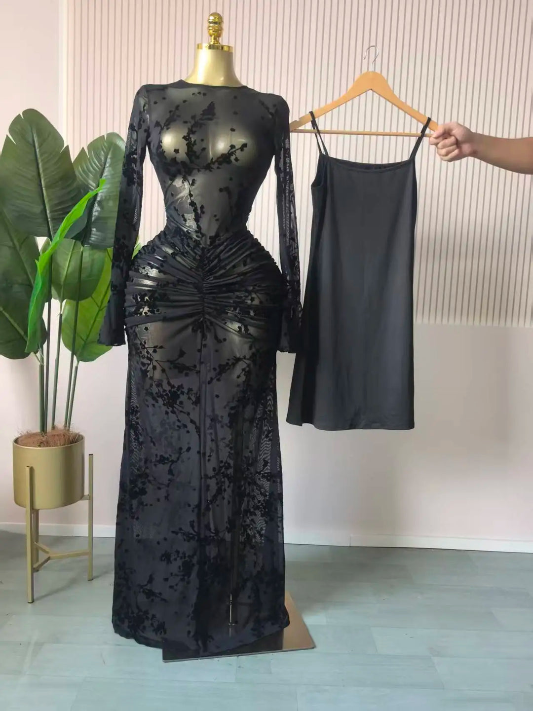 Elegant Long Sleeve Mesh Gown With Sheer Lining