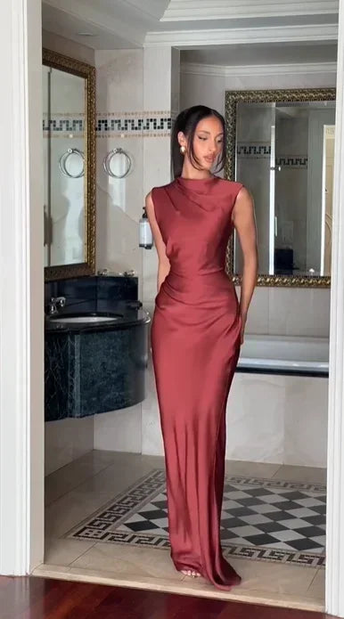 Solid Satin Cowl Neck Dress Women Sleeveless Elegant Ruched Waist Fishtail Bodycon Summer Party Elegance