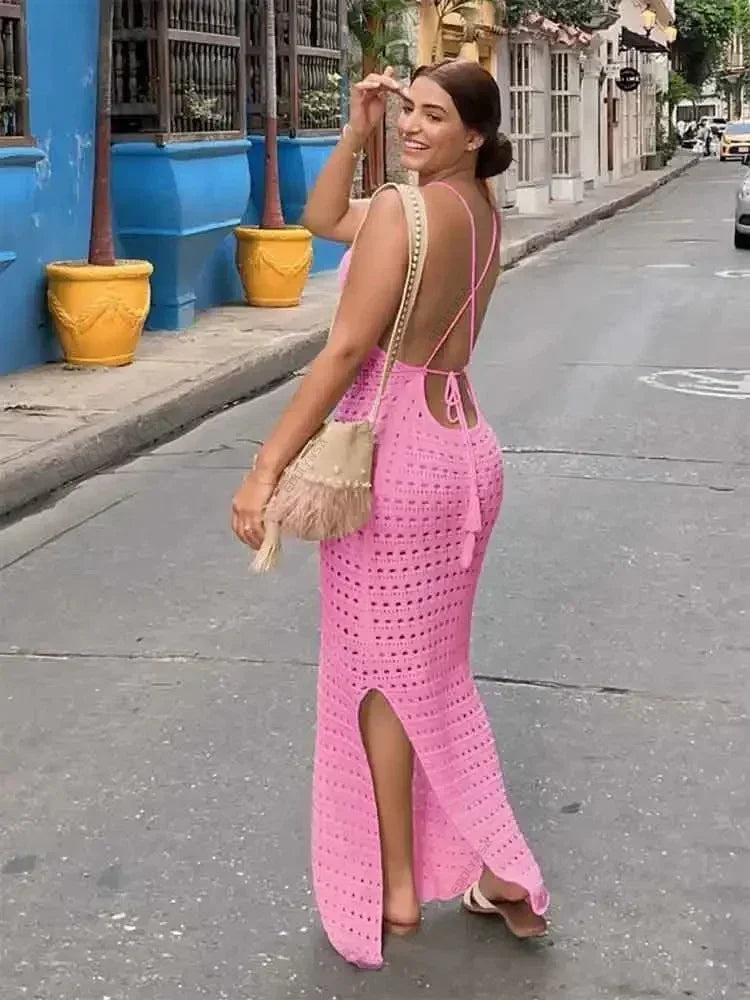 Sexy Knit Cutout Tassel Spaghetti Strap Maxi Dress