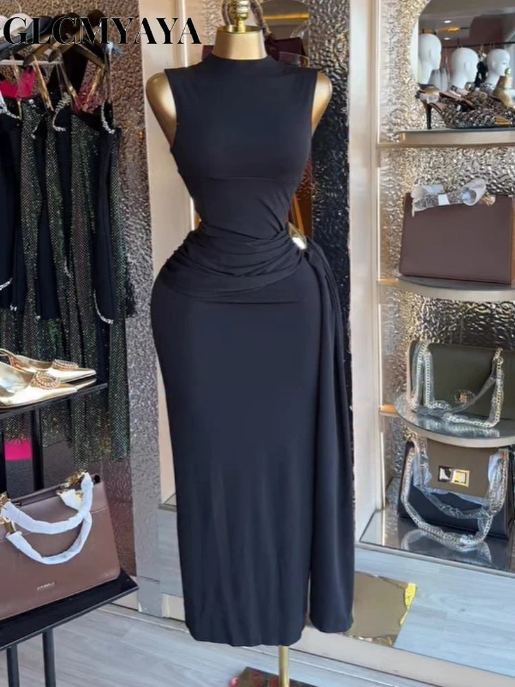 Women Sleeveless O Neck Ruched Bodycon Maxi Dress