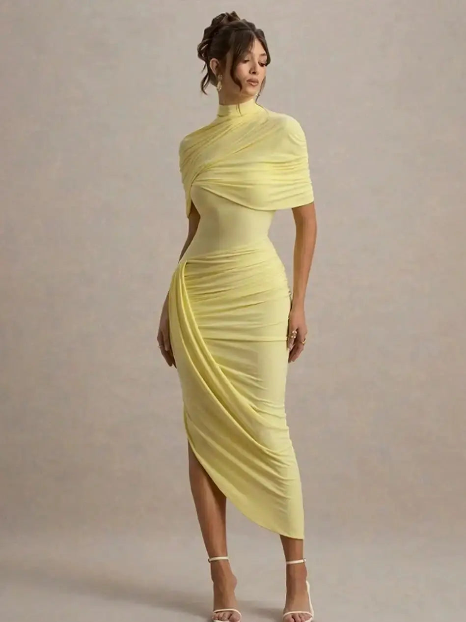 Ruched Bodycon Midi Dress Women Backless Shawl Sleeve Elegant Party Gown
