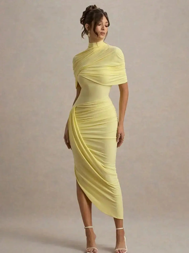 Ruched Bodycon Midi Dress Women Backless Shawl Sleeve Elegant Party Gown