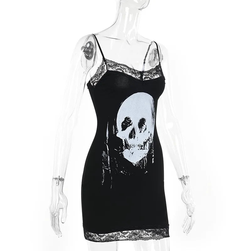 Goth Anime Skull Print Mini Dress For Street Style