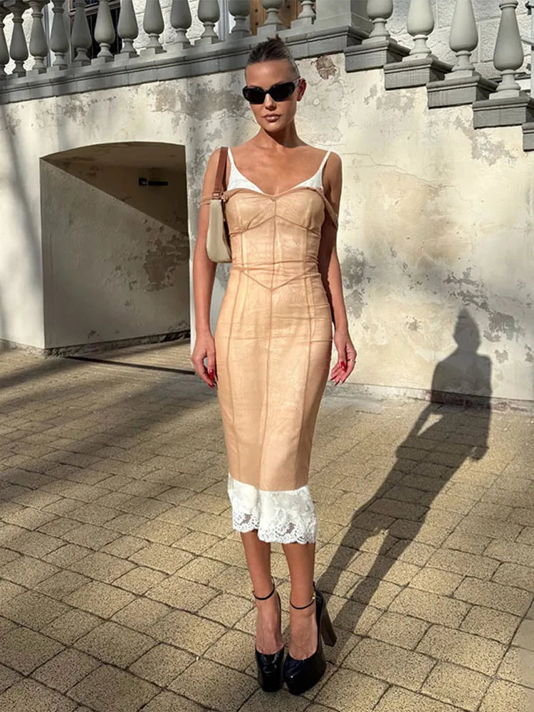 Stunning Lace Mesh Midi Dress V Neck Sleeveless Summer Party Wear