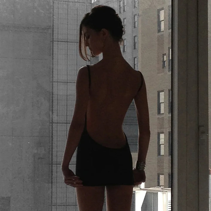 Stunning Black Y2K Backless Knit Mini Dress