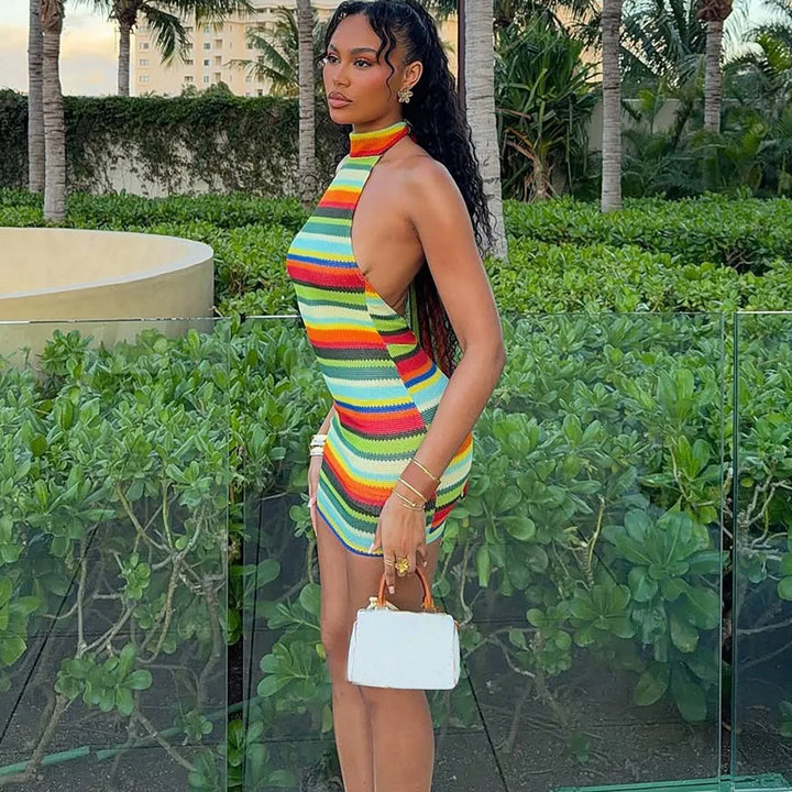 Luxurious Knit Stretch Stripe Halter Dress