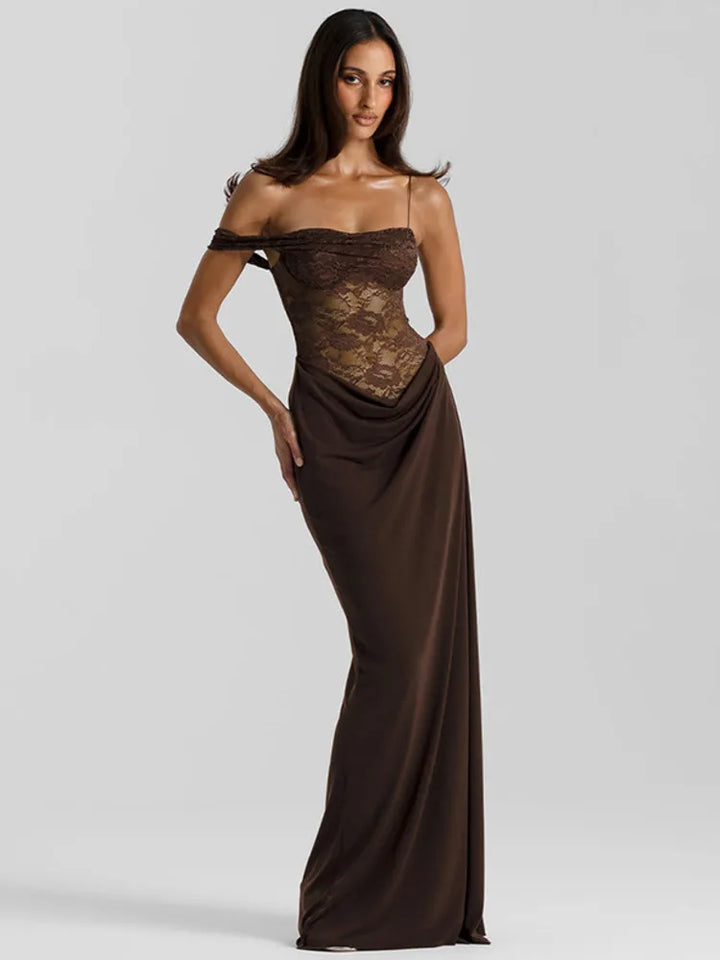 Elegant One Shoulder Lace See Through Sexy Maxi Dress