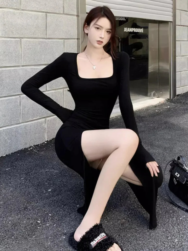 Women Black Side Slit Bodycon Dress Modern