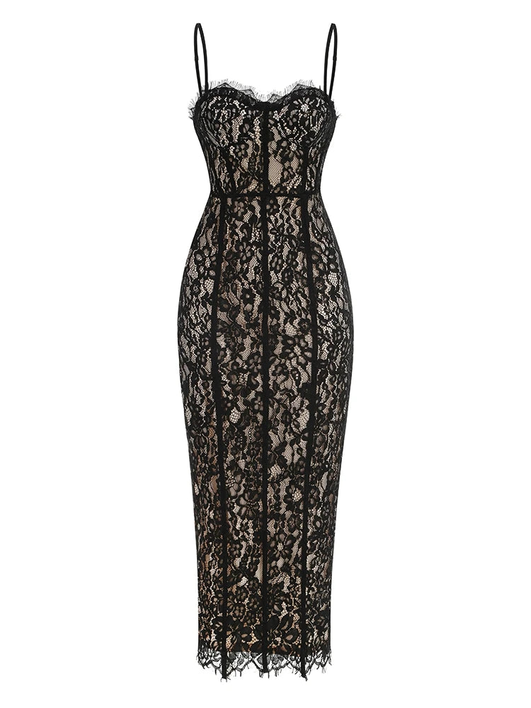 Black Floral Lace Evening Dress With V Neck Bodycon