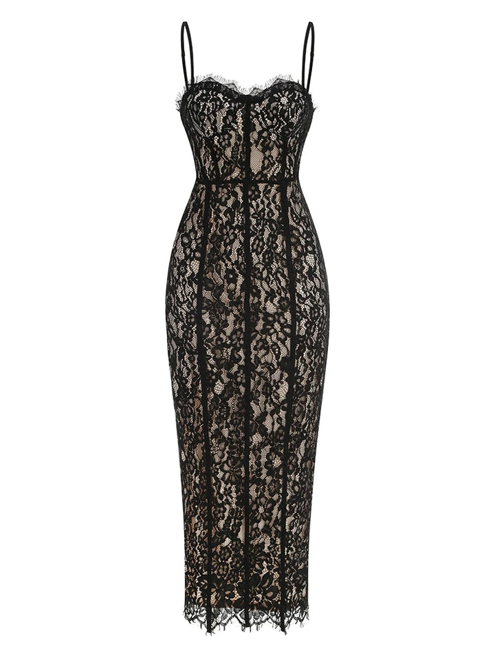 Black Floral Lace Evening Dress With V Neck Bodycon