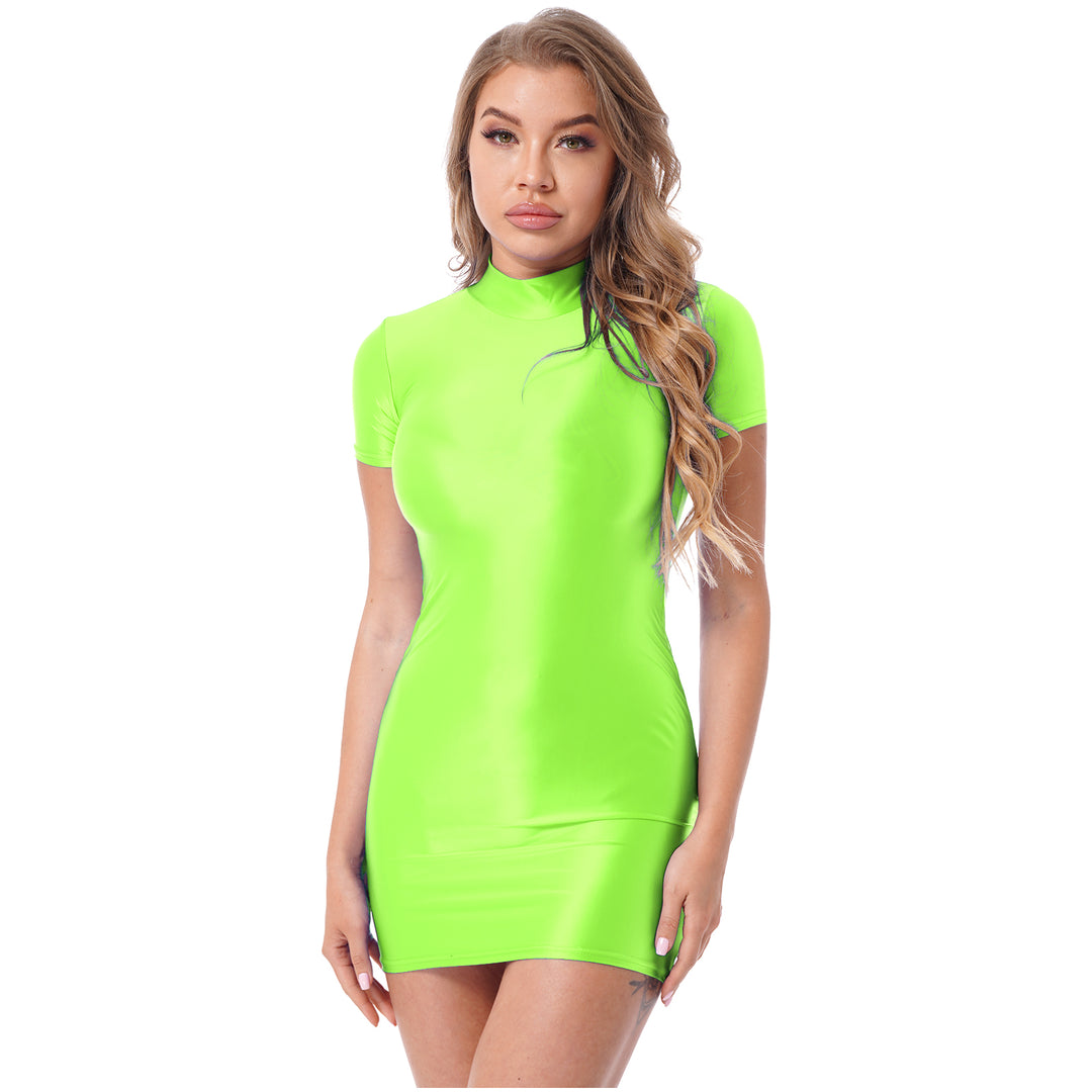 Signature Glossy Mock Neck Mini Dress For Tropical