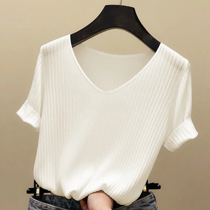 AOSSVIAO 2026 Basic V-neck Solid Thin Summer Women Pullover Female Thin Knitted Ribbed Sweater Slim Short Sleeve Bodycon Sweater