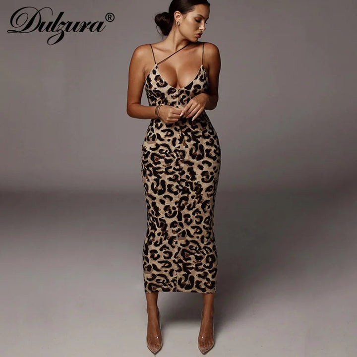 Dulzura Leopard Bodycon Midi Dress Party Club