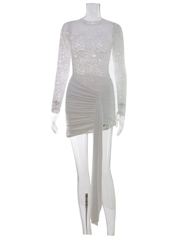 Cnyishe Lace Sheer Bodycon Mini Dress O Neck