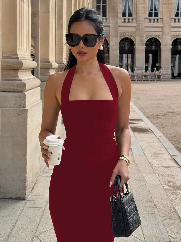 Hugcitar 2025 Elegant Halter Black Backless Sexy Bodycon Maxi Prom Dress Summer Women Y2K Clothes Wedding Birthday Party