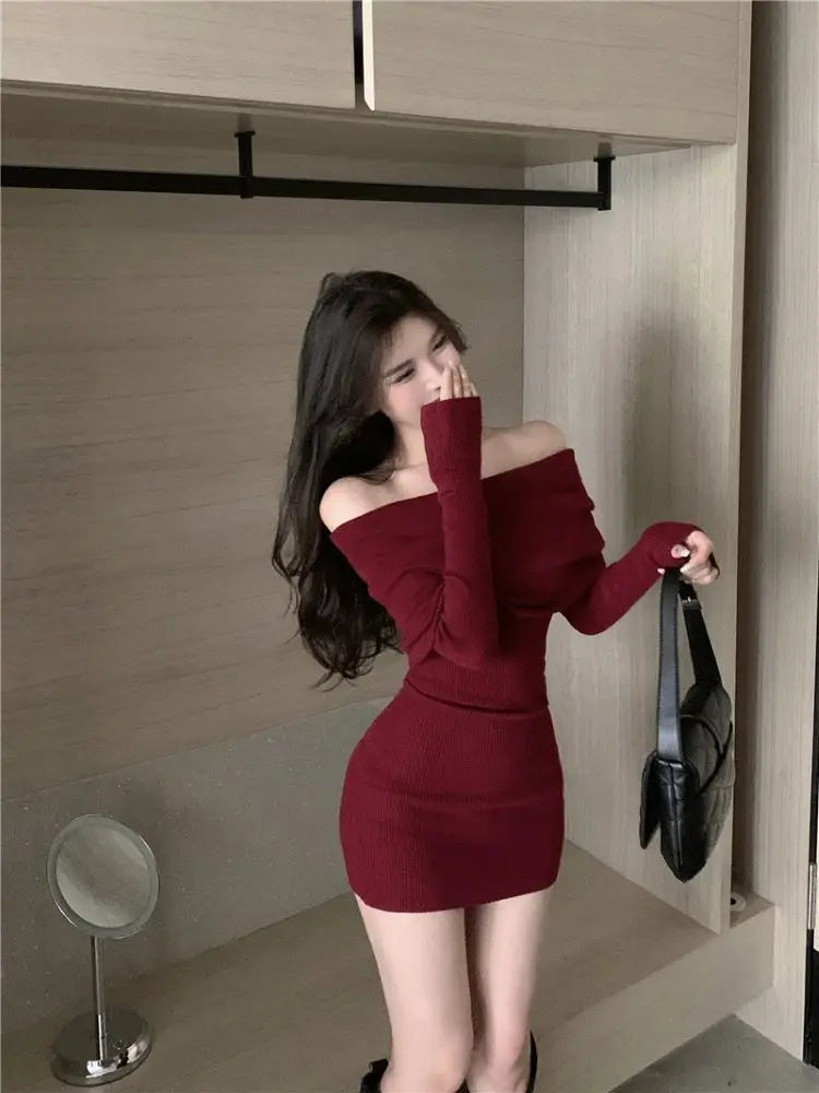 Black Off Shoulder Mini Dress Long Sleeve Bodycon