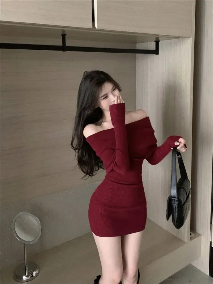 Black Off Shoulder Mini Dress Long Sleeve Bodycon