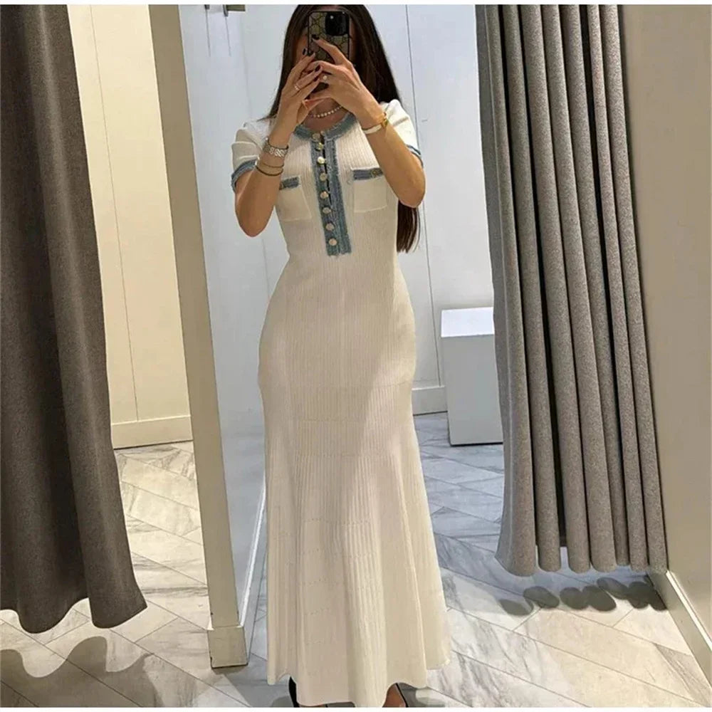Chic O Neck Knit Maxi Dress With Pockets