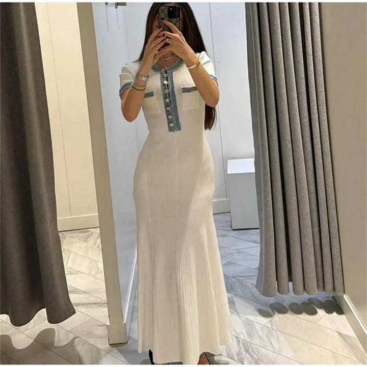 Chic O Neck Knit Maxi Dress With Pockets