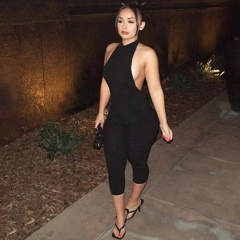Elegant Ribbed Knit Halter Neck Bodycon Jumpsuit