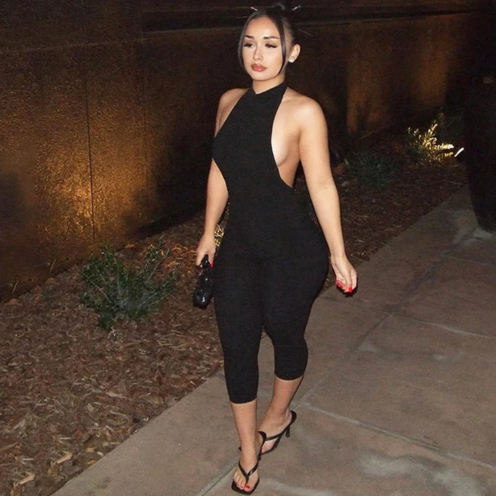 Elegant Ribbed Knit Halter Neck Bodycon Jumpsuit