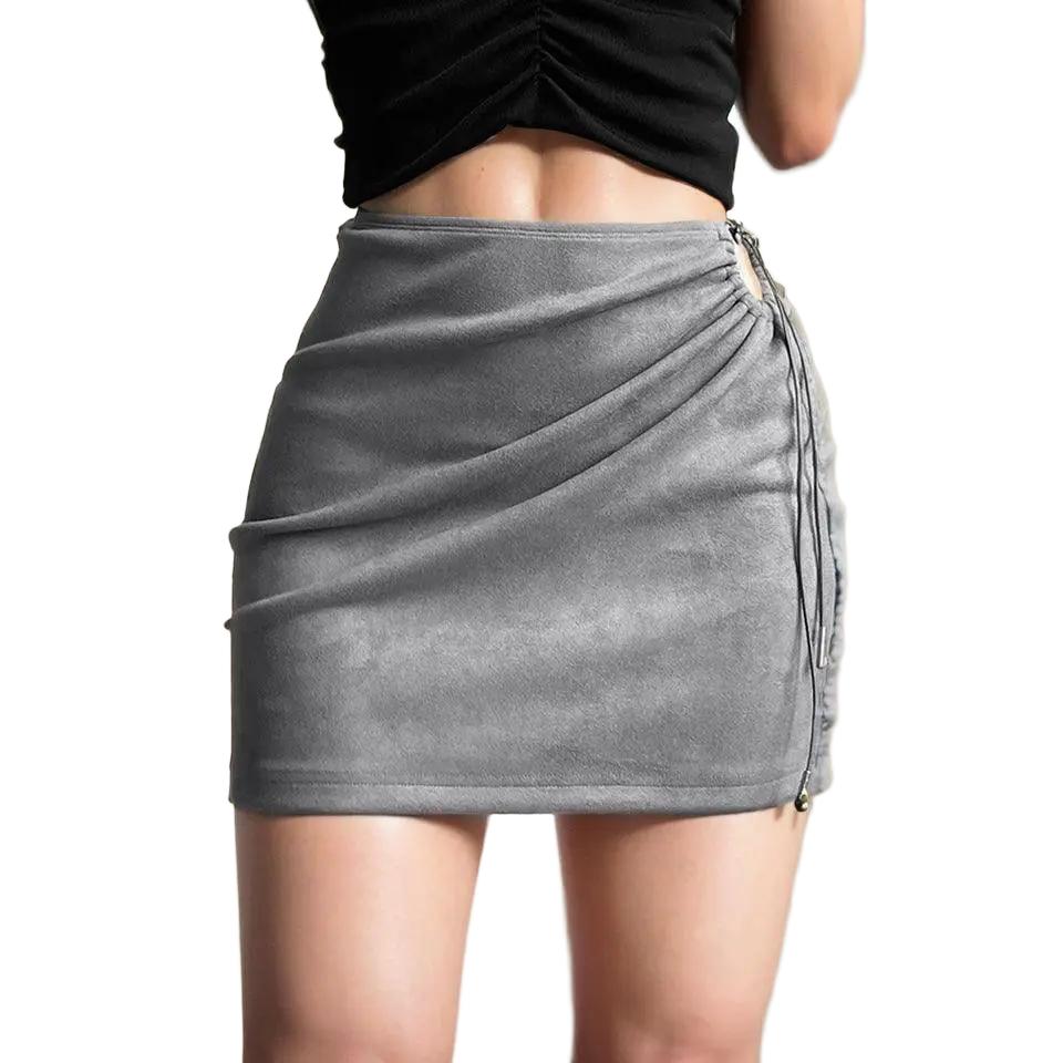 Elegant Suede Bodycon Dress Drawstring Chic Slim Fit