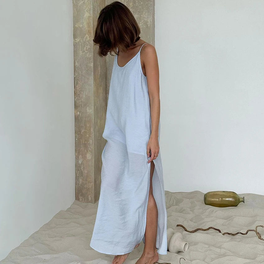 HiLoc Casual Loose White Long Dress Robe 2025 New Summer V Neck Dresses For Women Spring Sleeveless Straight Robes Nightgown