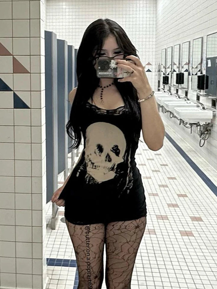 AltGoth Cyberpunk Skull Print High Waist Dress