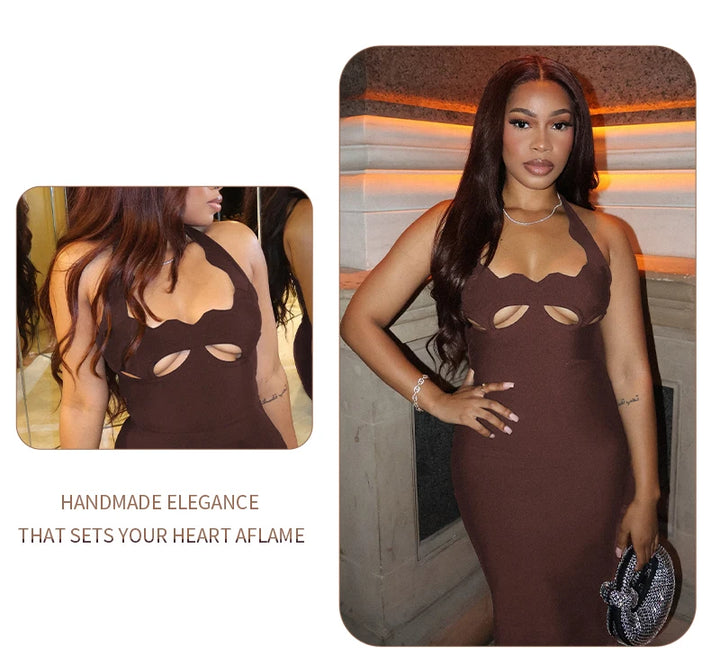 Vj Gachi Elegant Knit Halter Black Evening Gown