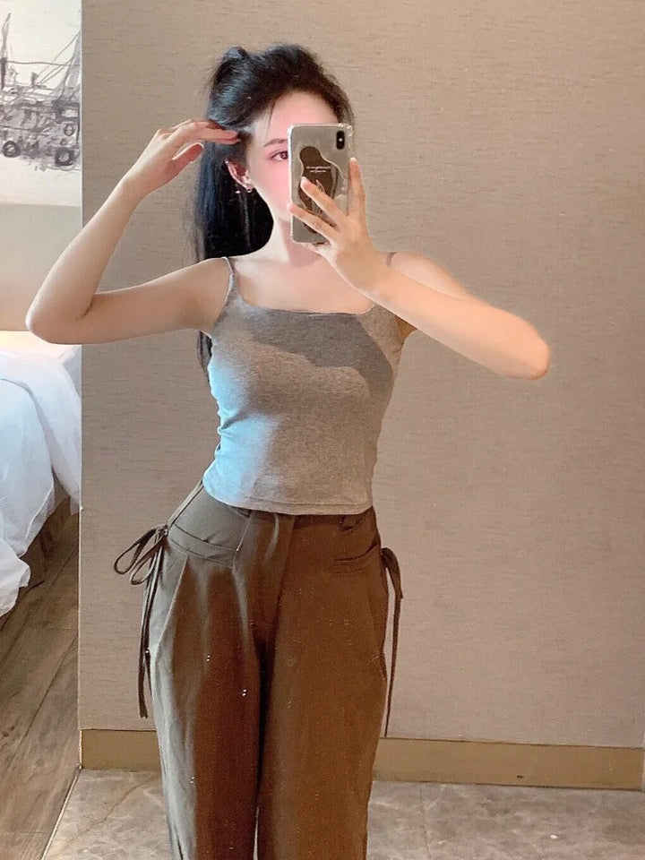 CHUANGERM Sexy Camisole Tank Top Women Simple Sling Strap Vest Slimming Summer Outerwear Inner Wear With Chest Pad For Girls
