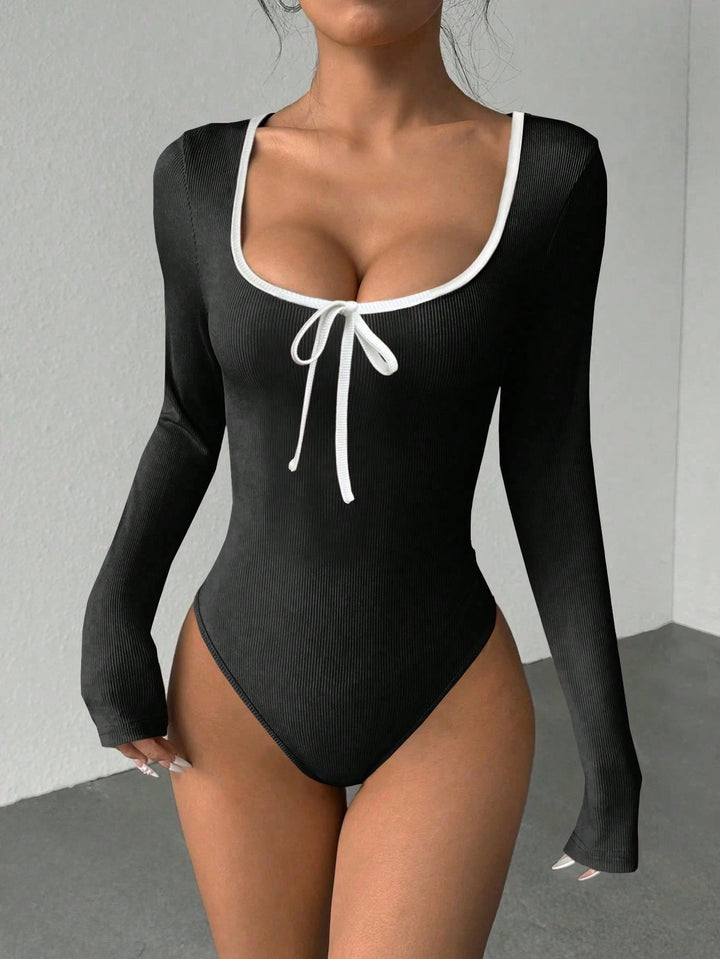 Trendy Women Rib Knit Bow Bodysuit Slim Color