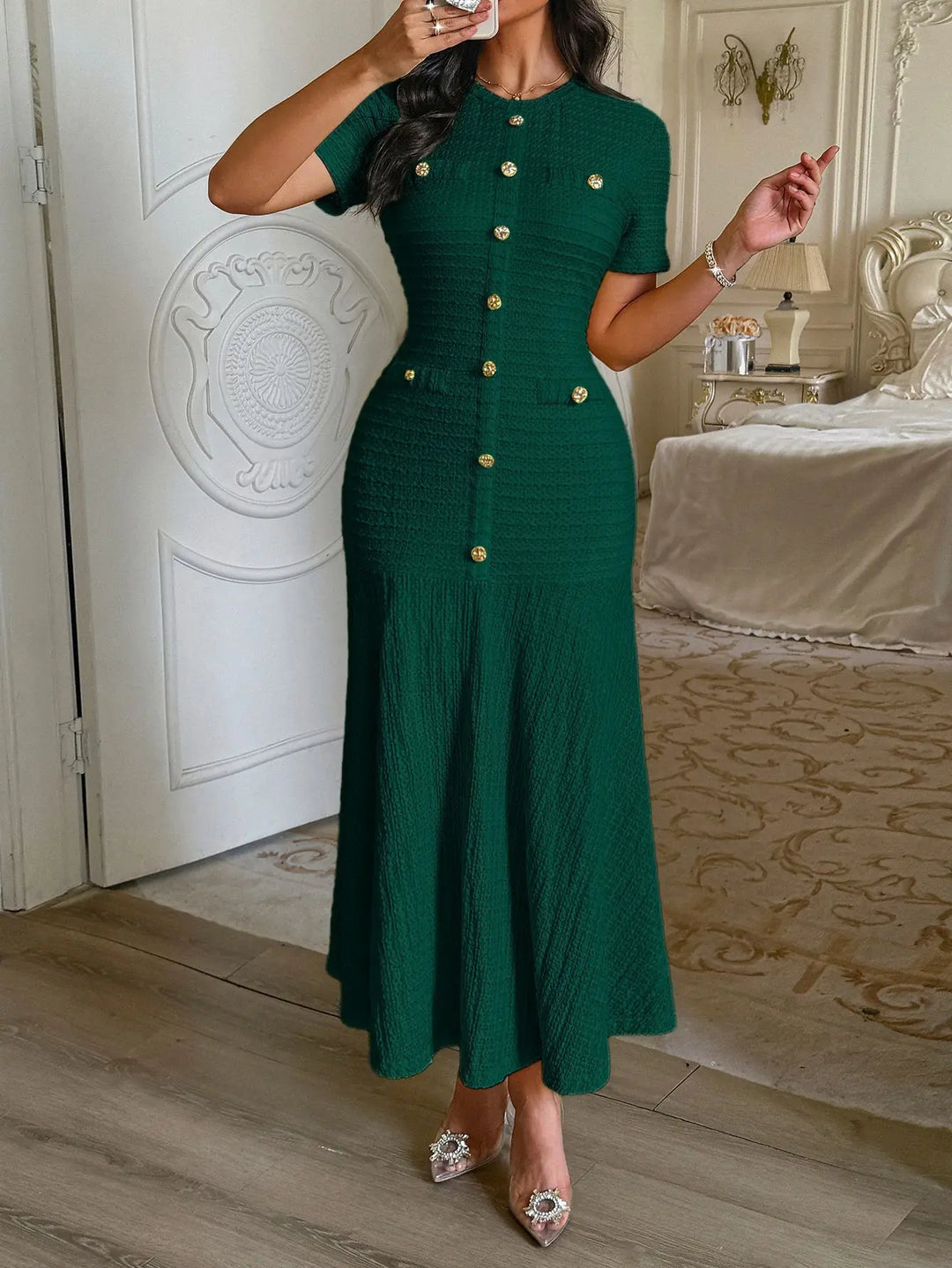 Shuangfuxiang Gold Button A Line Dress