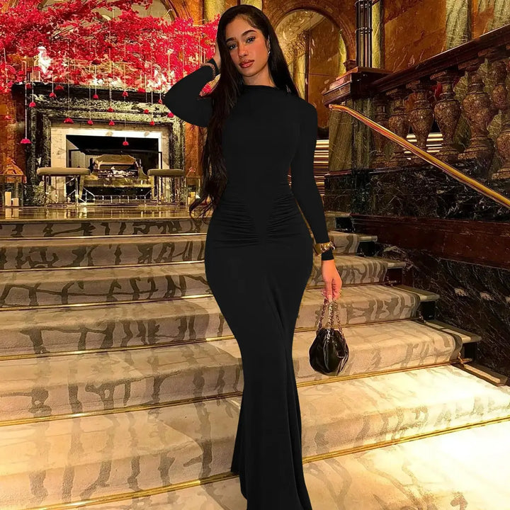 Hugcitar Autumn Solid Long Sleeve Draped Sexy Bodycon Maxi Prom Dress Women Fashion Y2K Outfits Evening Party Festival Club