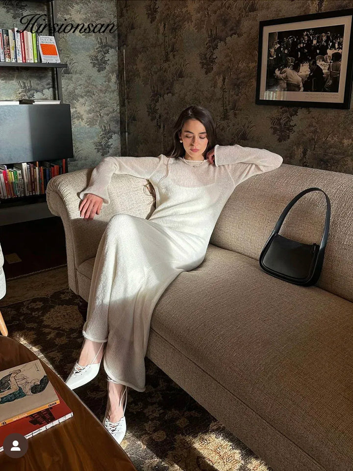 Elegant Elastic Knit Long Dress For Women Soft Chic O-Neck Sweater