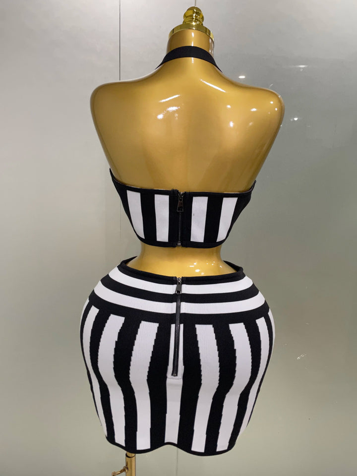2025 Women Two Piece Striped Jacquard Bandage Set