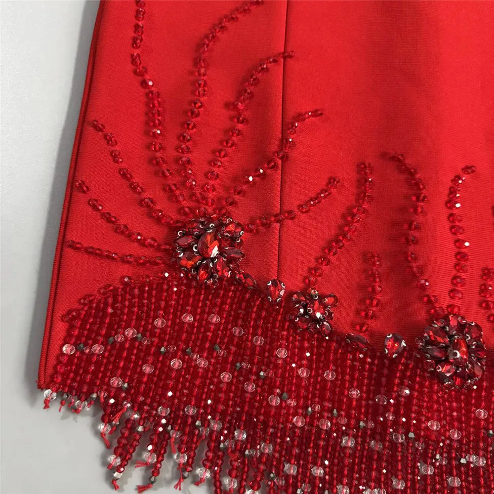 Women Sleeveless Bandage Dress Beading Tassel