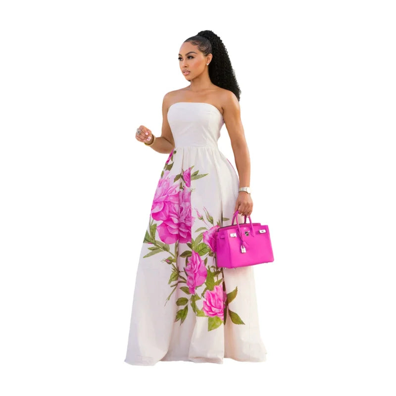 Floral Strapless Maxi Dress For Wedding Guest