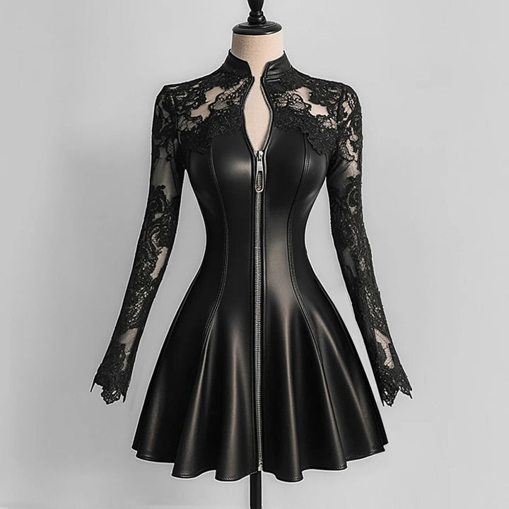 Women PU Leather Dress Lace Patchwork Mesh Zipper