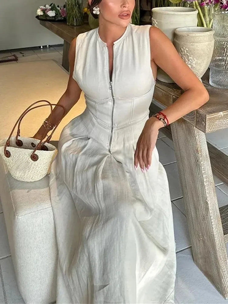 Mujer Zipper Long Pleated Sleeveless Midi Dress