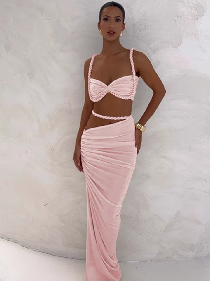 Cutenew Woven Matching Women 2 Piece Sexy Vacation Outfits Pleated Crop Camis+Shirring High Waist Maxi Skirts Solid Mujer Sets