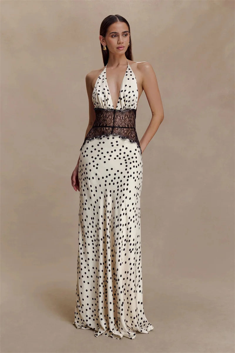Elegant Polka Dot Lace Maxi With Backless V Neck