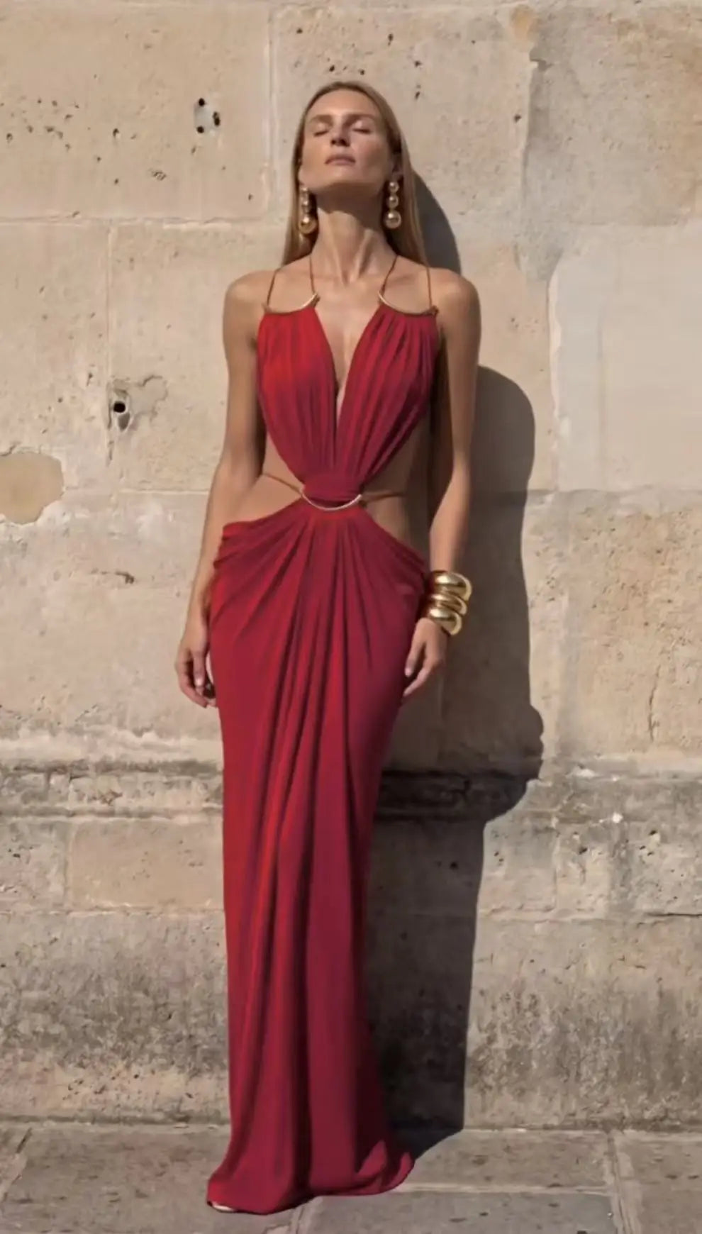 Elegant Solid Maxi Gown With Deep V Cutout