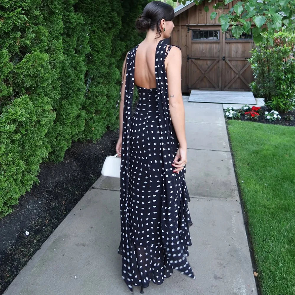 Tuularose Elegant Polka Dot Long Dress Summer Scarf Ribbon Ruffle Halter Pleated Dress Luxury Sleeveless Women&