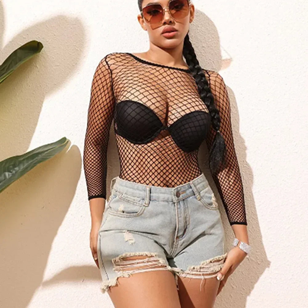 See Through Mesh Long Sleeve Dress Beach Cover Up