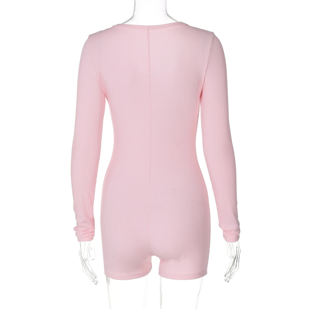 Stylish Ribbed Knit Bodycon Playsuit With Buttons
