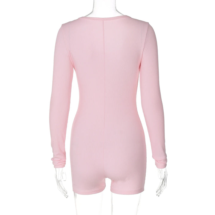 Stylish Ribbed Knit Bodycon Playsuit With Buttons