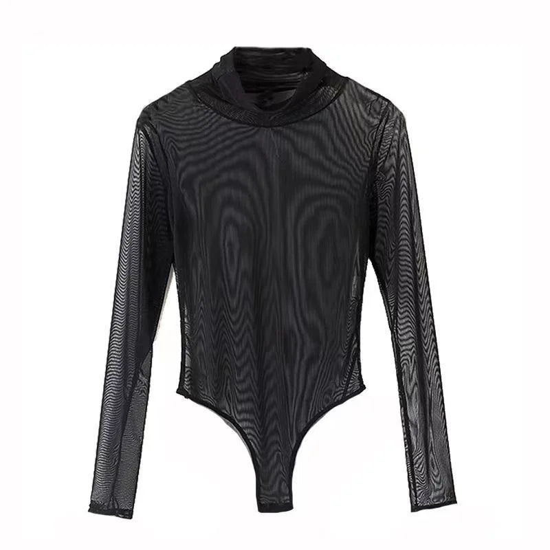 Sheer Black Red Turtleneck Bodysuit For Club Wear