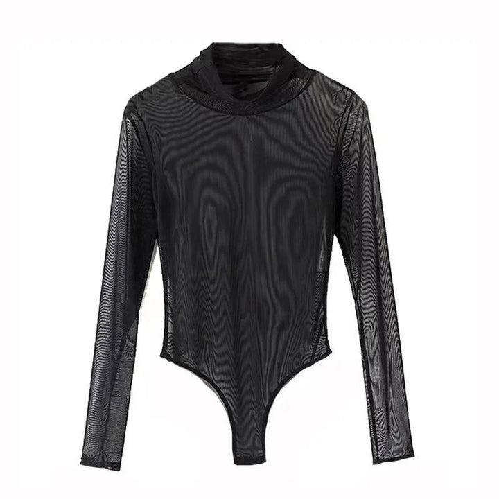 Sheer Black Red Turtleneck Bodysuit For Club Wear