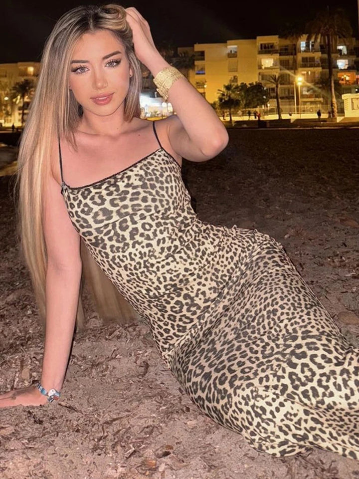 Leopard Print Backless Bodycon Maxi Dress Beach