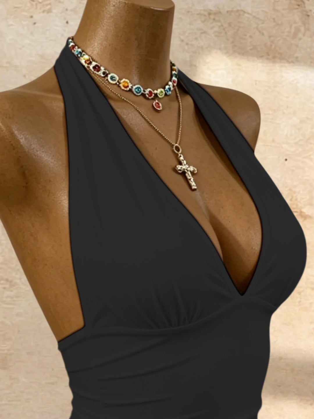 Chic Y2K Halter Bodysuit Deep V Neck Slim Fit